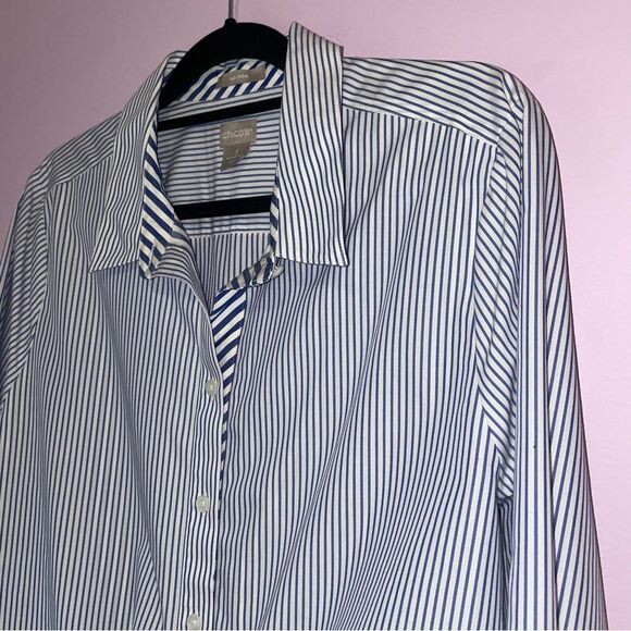 Chico's Size XL No Iron Cotton Striped Button-Up Shirt with Tie Front Waist - Picture 2 of 8
